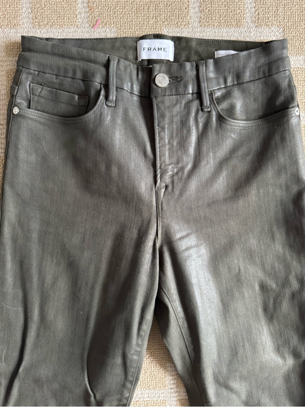 FRAME Le Crop Mini Boot Coated Jeans Olive Green Leather Look Size 29 - Picture 4 of 11